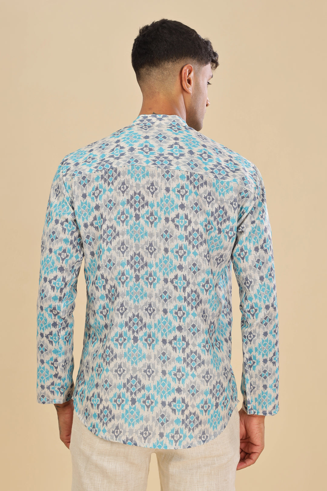 Blue ikat printed linen short kurta