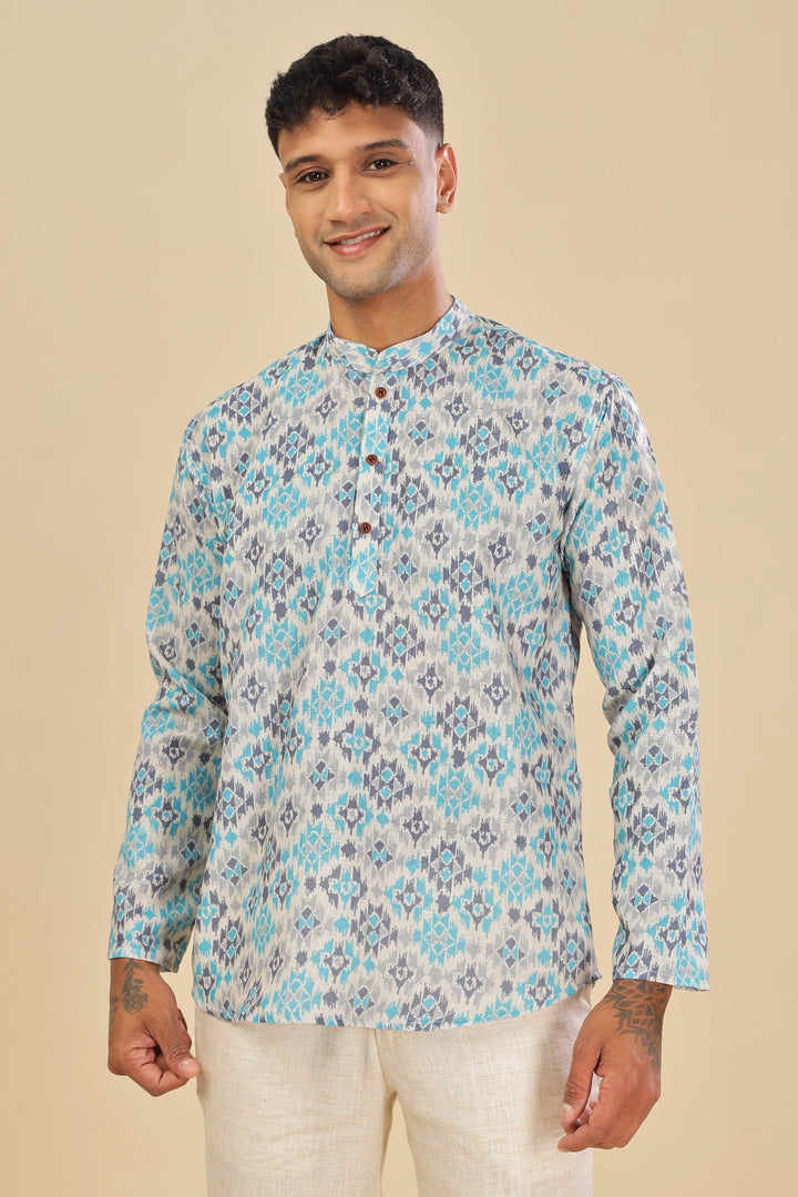 blue ikat printed linen short kurta