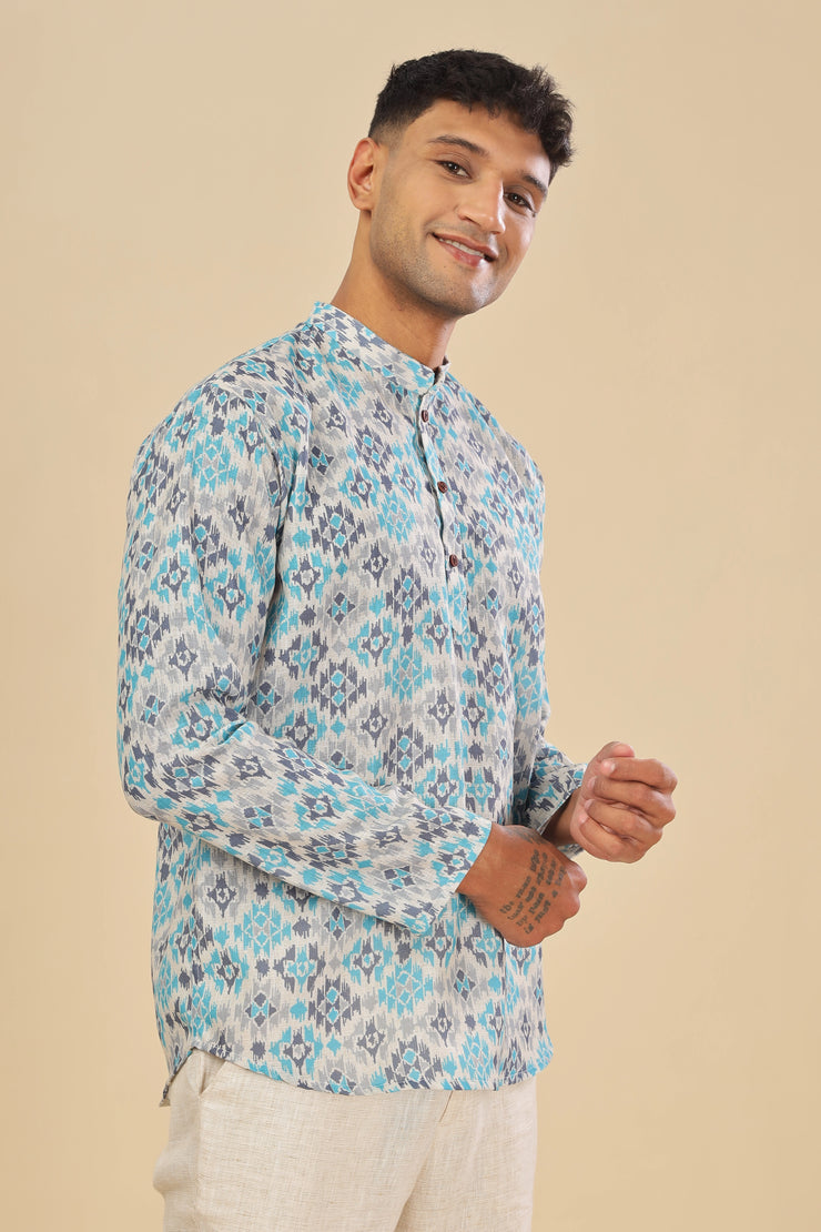 Blue ikat printed linen short kurta