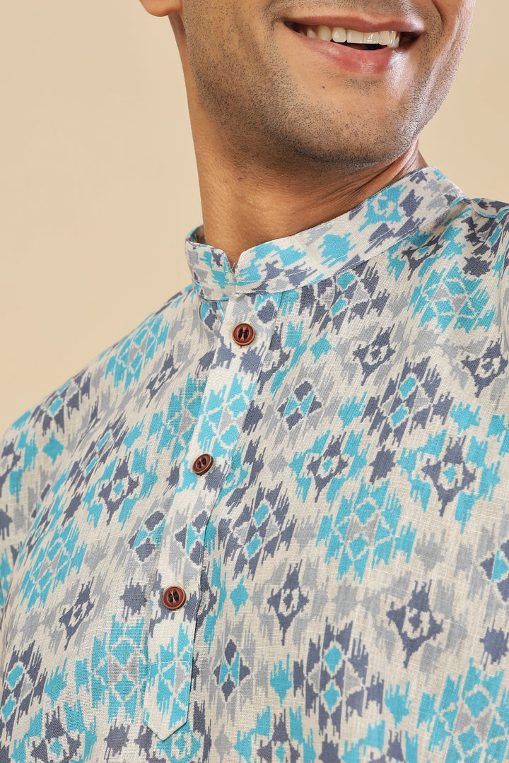 Blue ikat printed linen short kurta