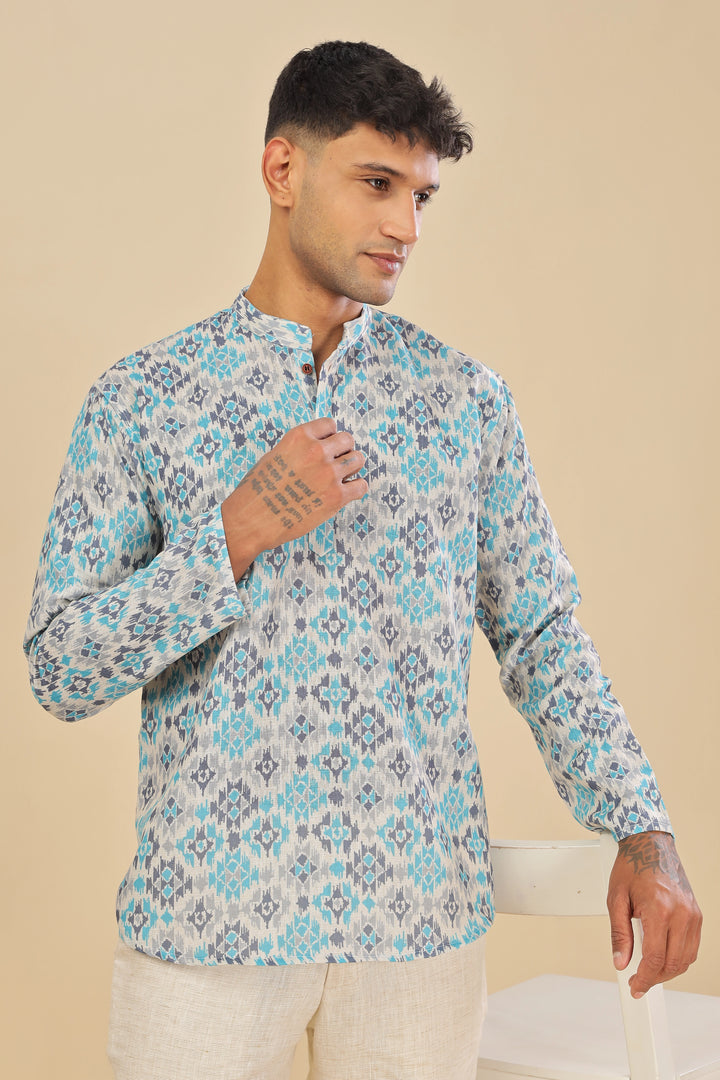 Blue ikat printed linen short kurta