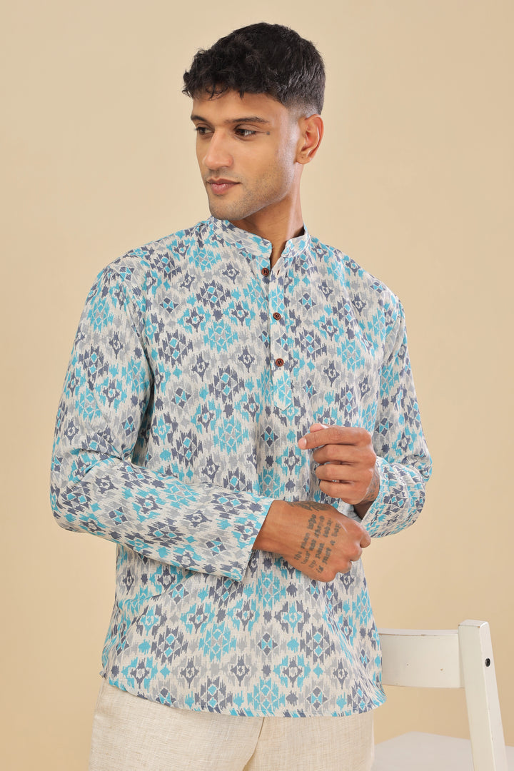 Blue ikat printed linen short kurta