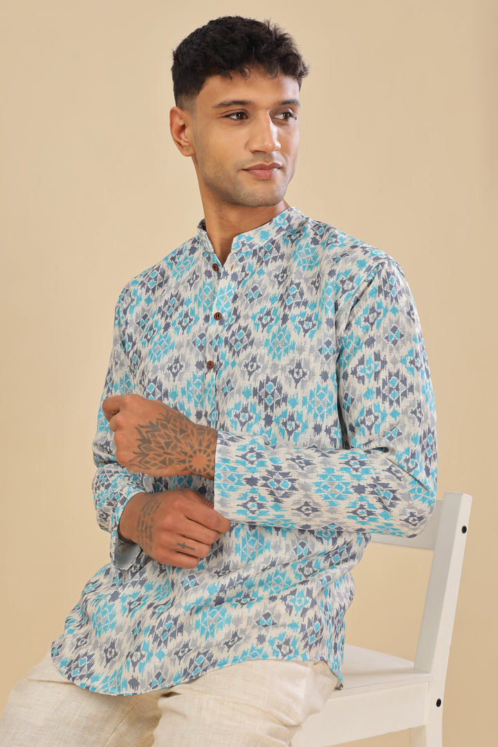 blue printed linen short kurta