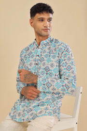 Blue ikat printed linen short kurta