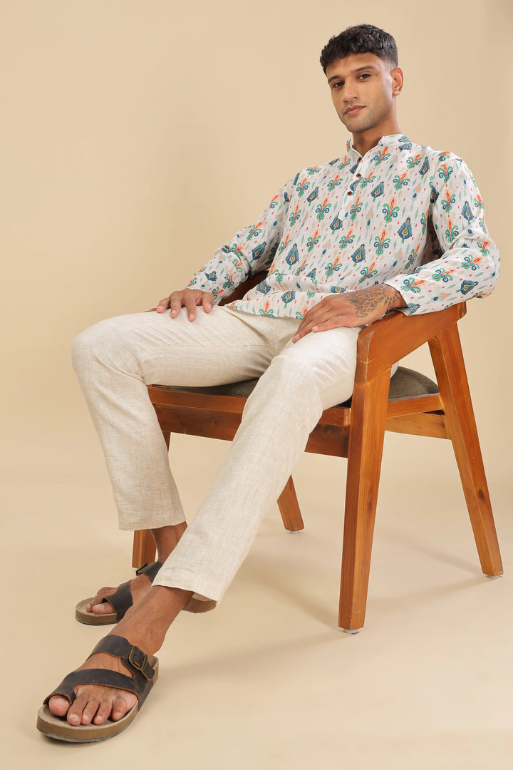 Cream ikat printed linen short kurta