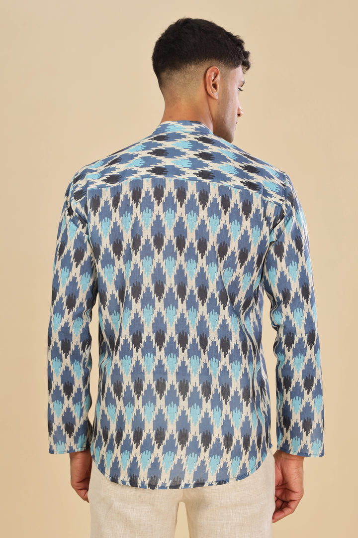 Blue ikat printed linen short kurta