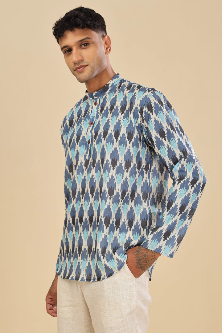 Blue ikat printed linen short kurta