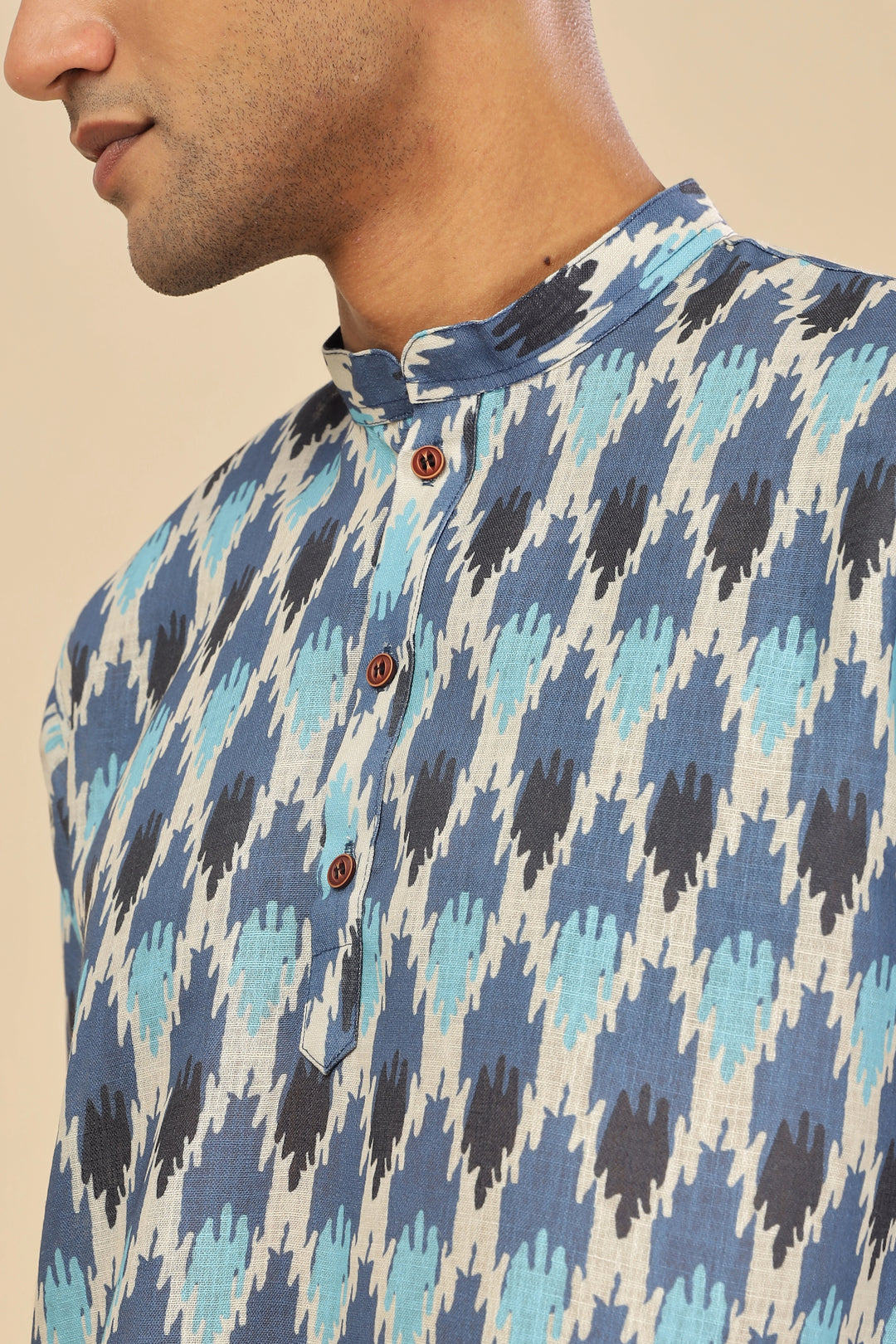 Blue ikat printed linen short kurta