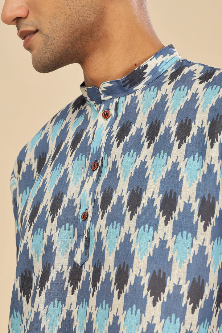 Blue ikat printed linen short kurta