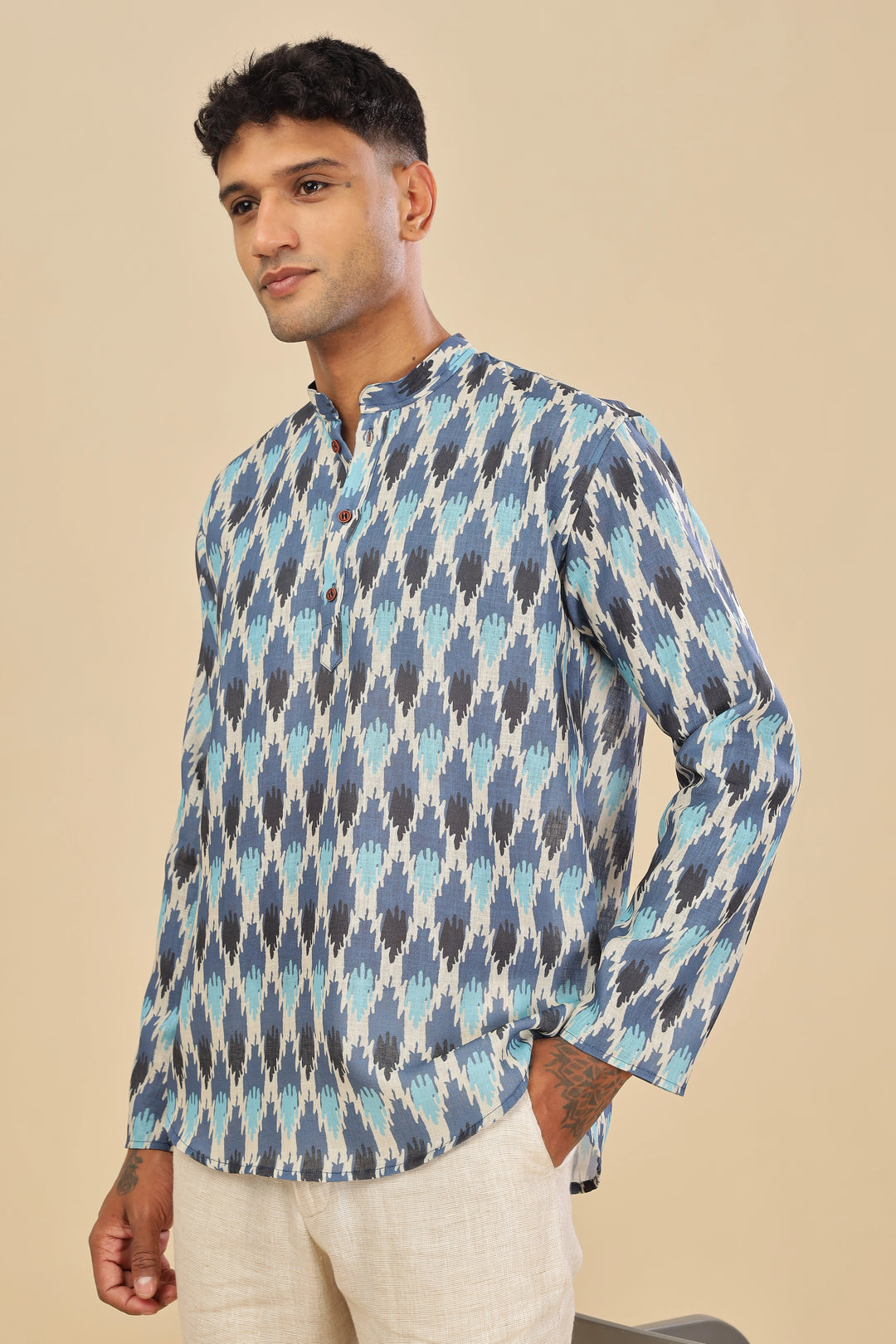 Blue ikat printed linen short kurta