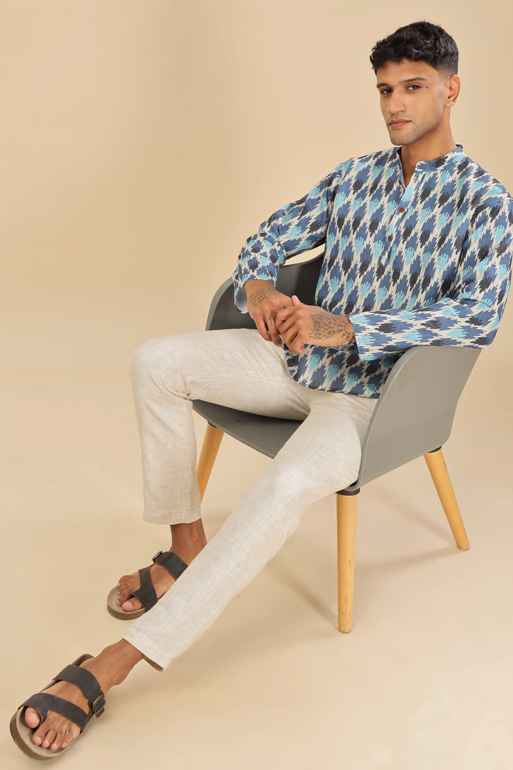 Blue ikat printed linen short kurta