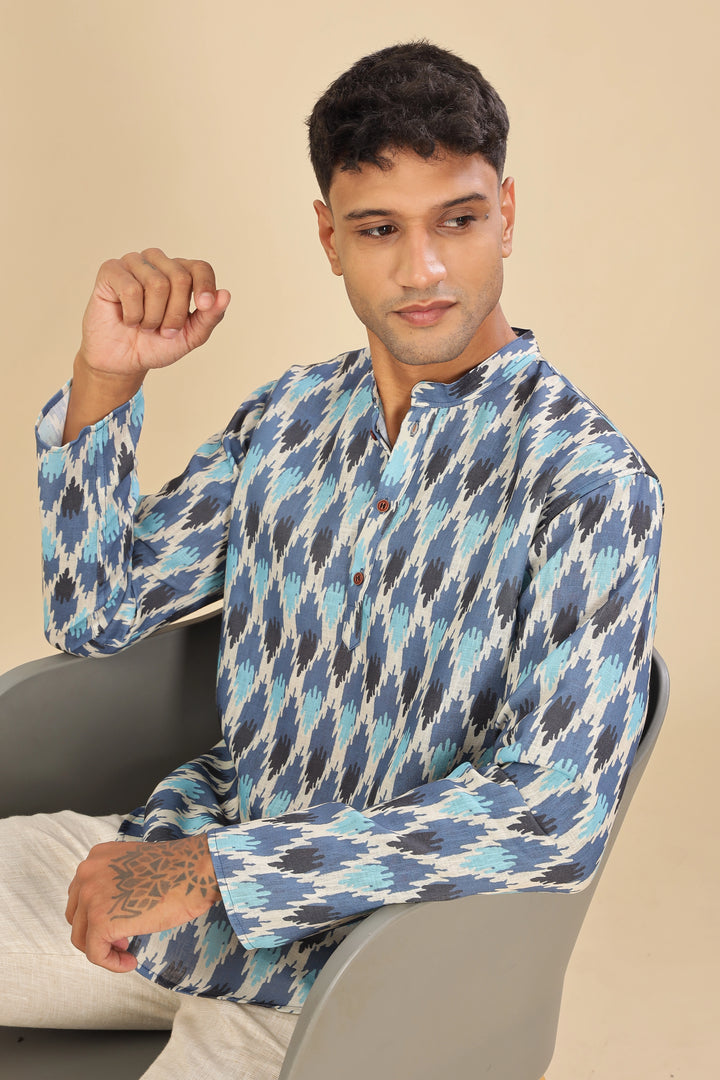 Blue ikat printed linen short kurta