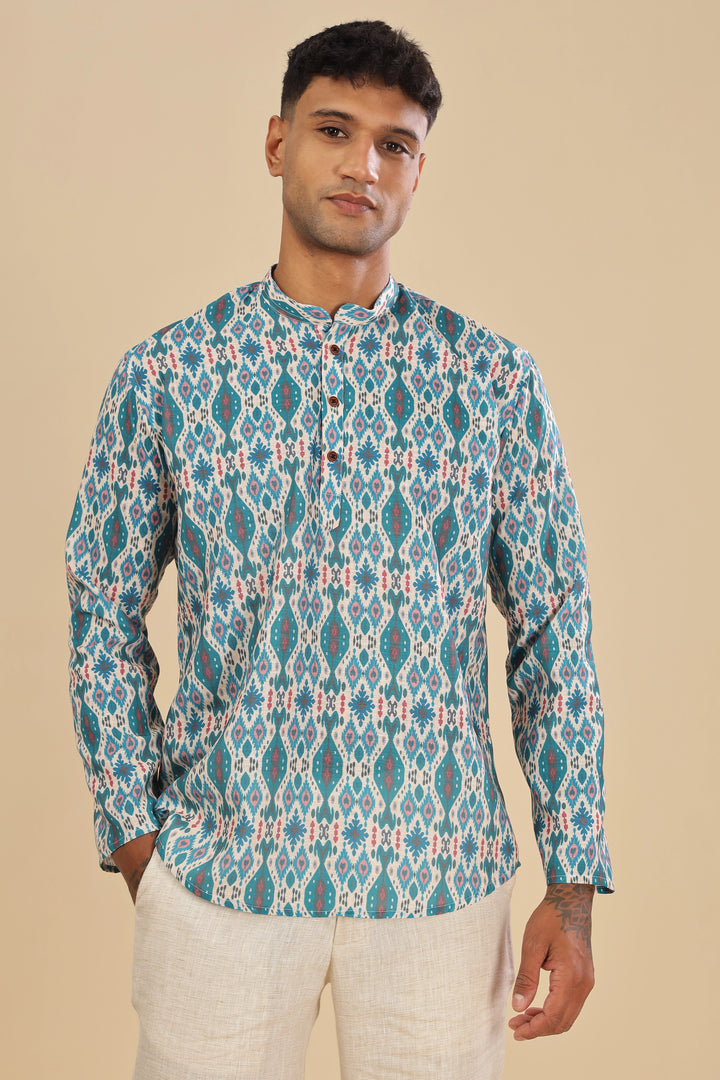 turquoise green ikat printed linen short kurta