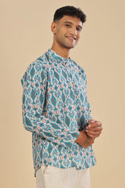 Turquoise green ikat printed linen short kurta