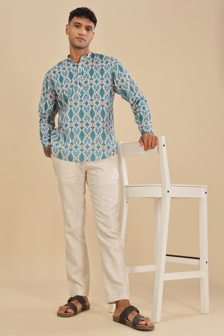 turquoise green printed linen short kurta