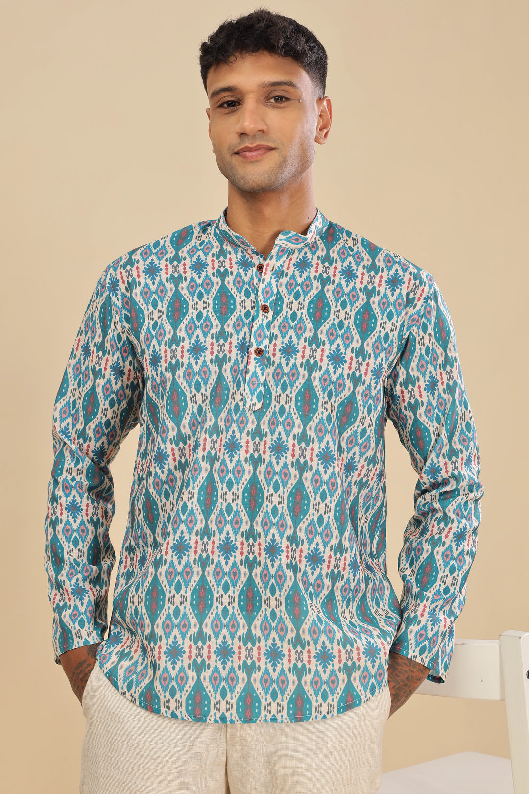 Turquoise green ikat printed linen short kurta