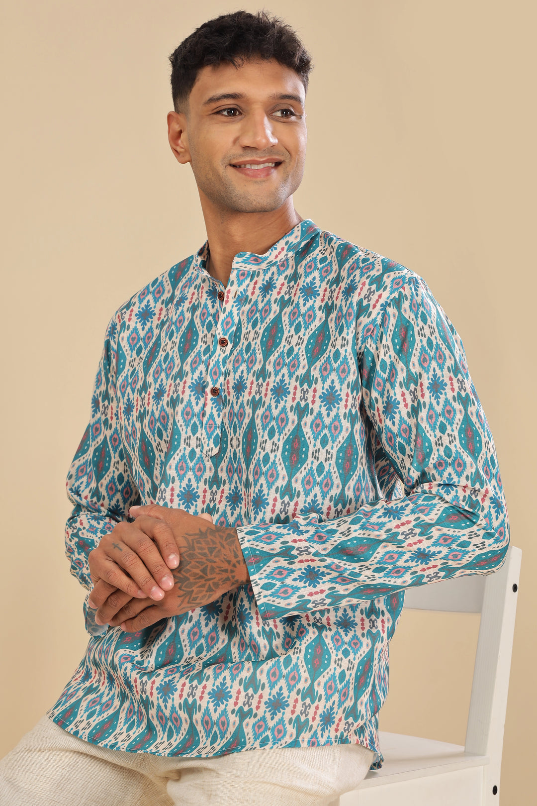 green ikat printed linen short kurta