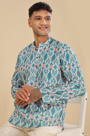 Turquoise green ikat printed linen short kurta