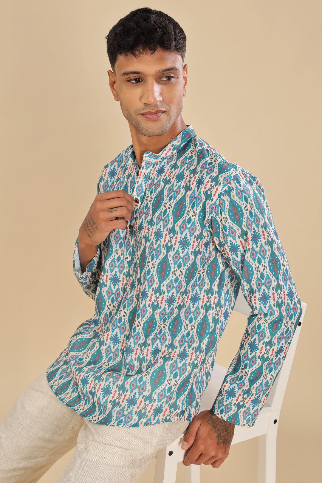 Turquoise green ikat printed linen short kurta