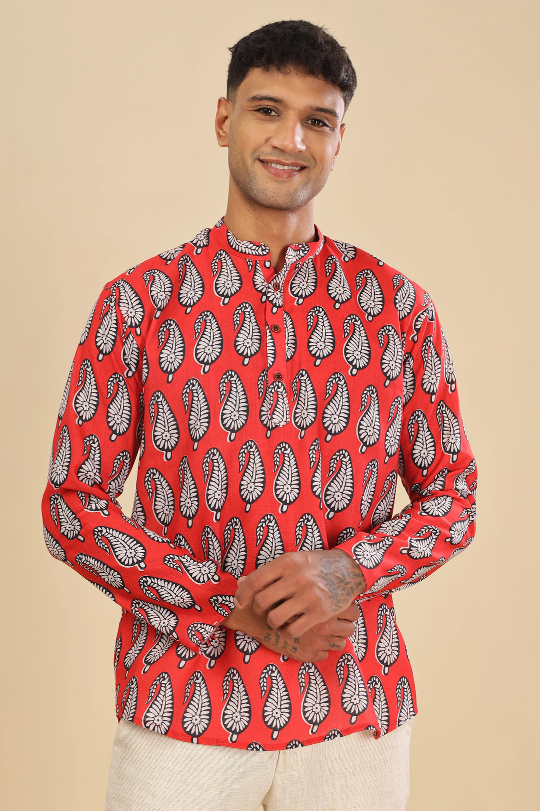  motif printed linen short kurta