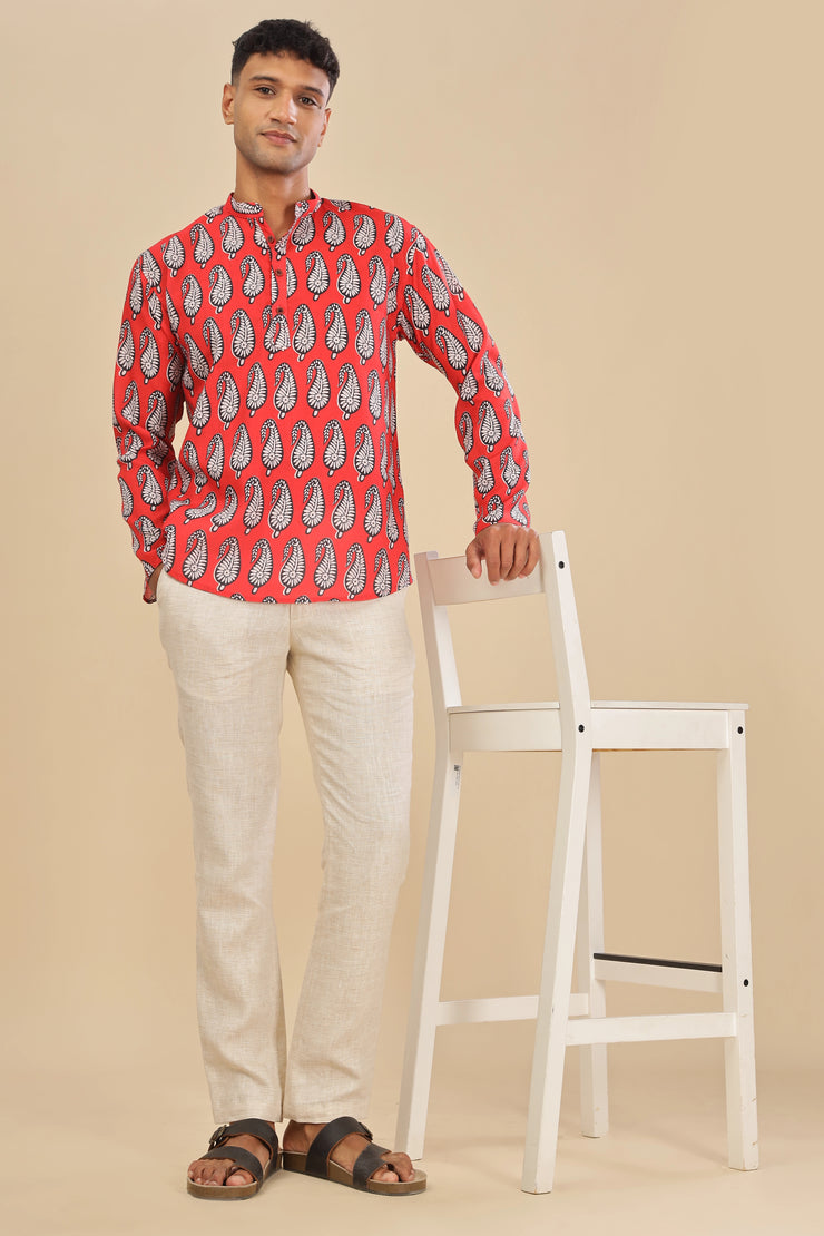 red printed linen short kurta