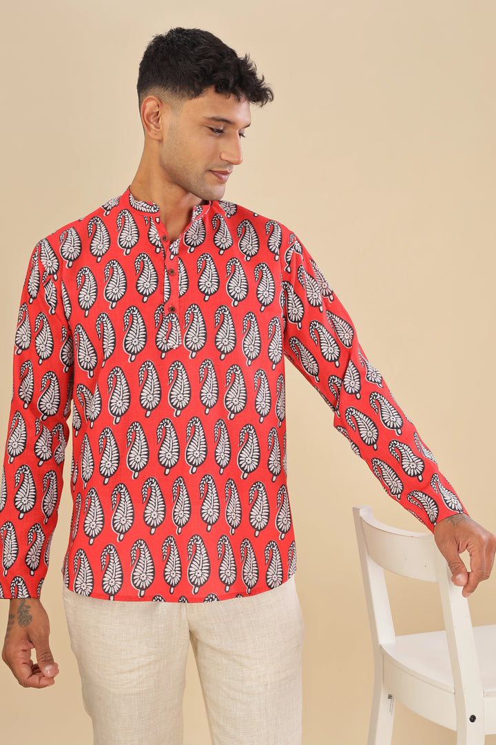 red paisley motif printed linen short kurta