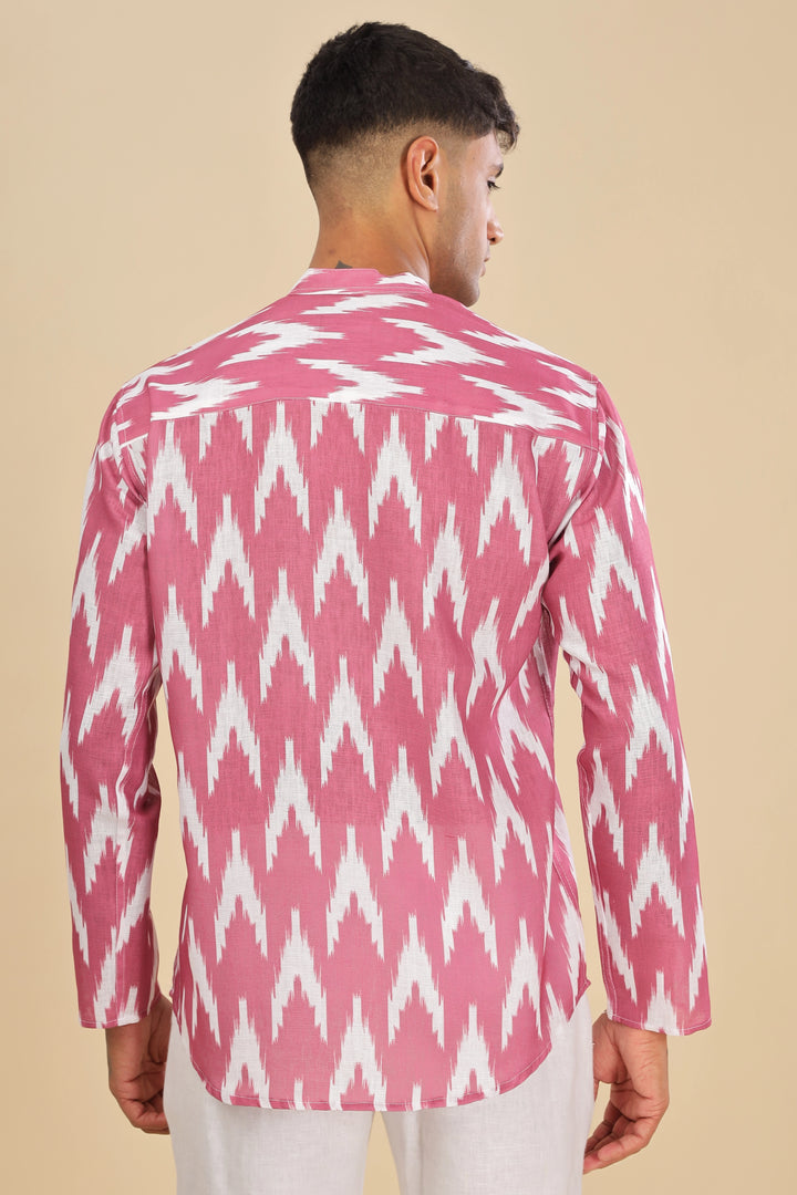 Pink ikat printed linen short kurta