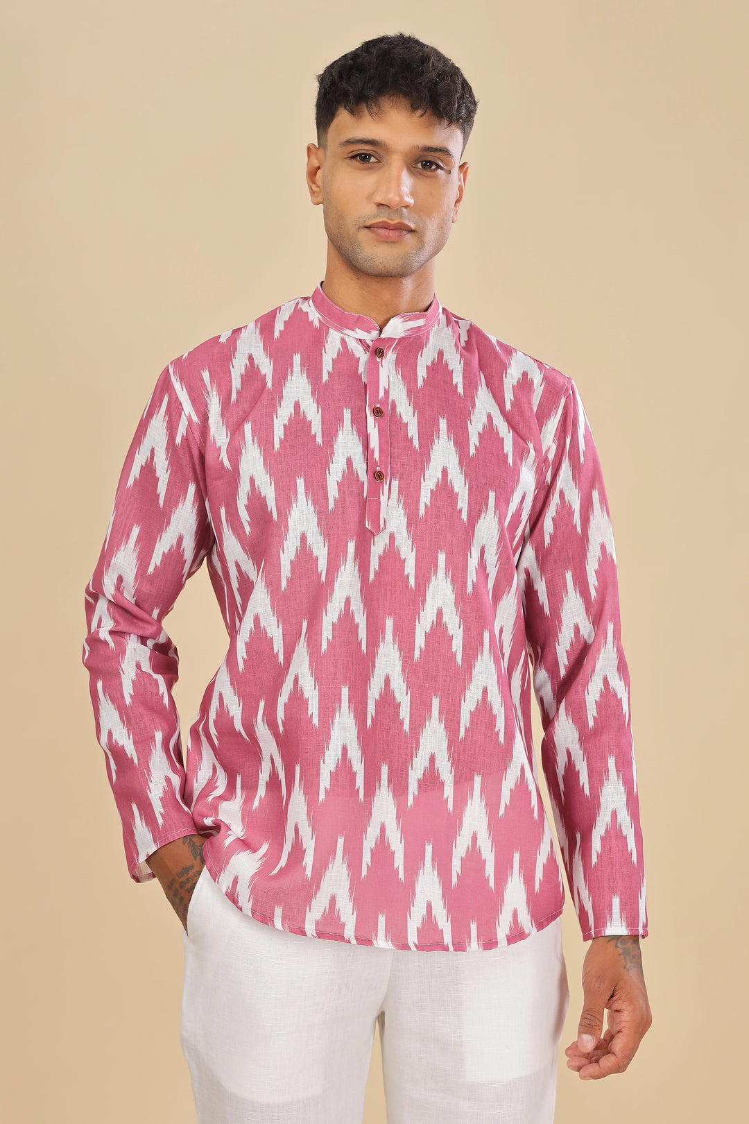 pink ikat printed linen short kurta