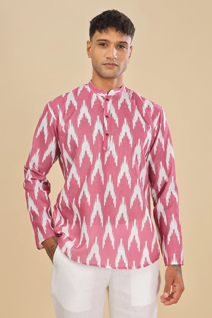 pink ikat printed linen short kurta