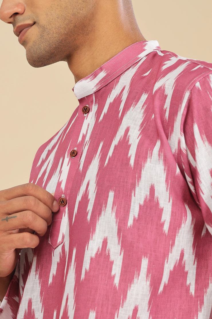 Pink ikat printed linen short kurta