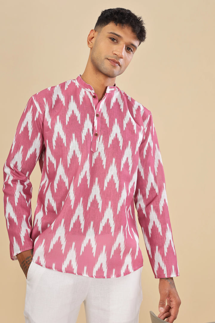 Pink ikat printed linen short kurta