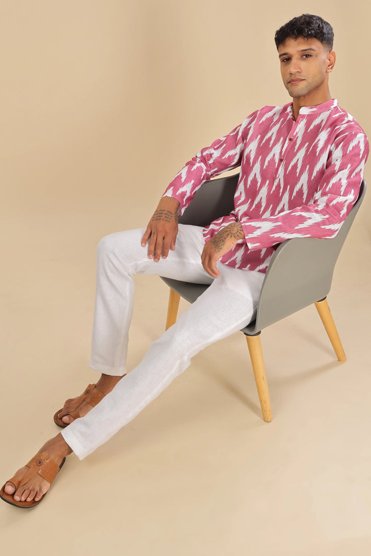 Pink ikat printed linen short kurta