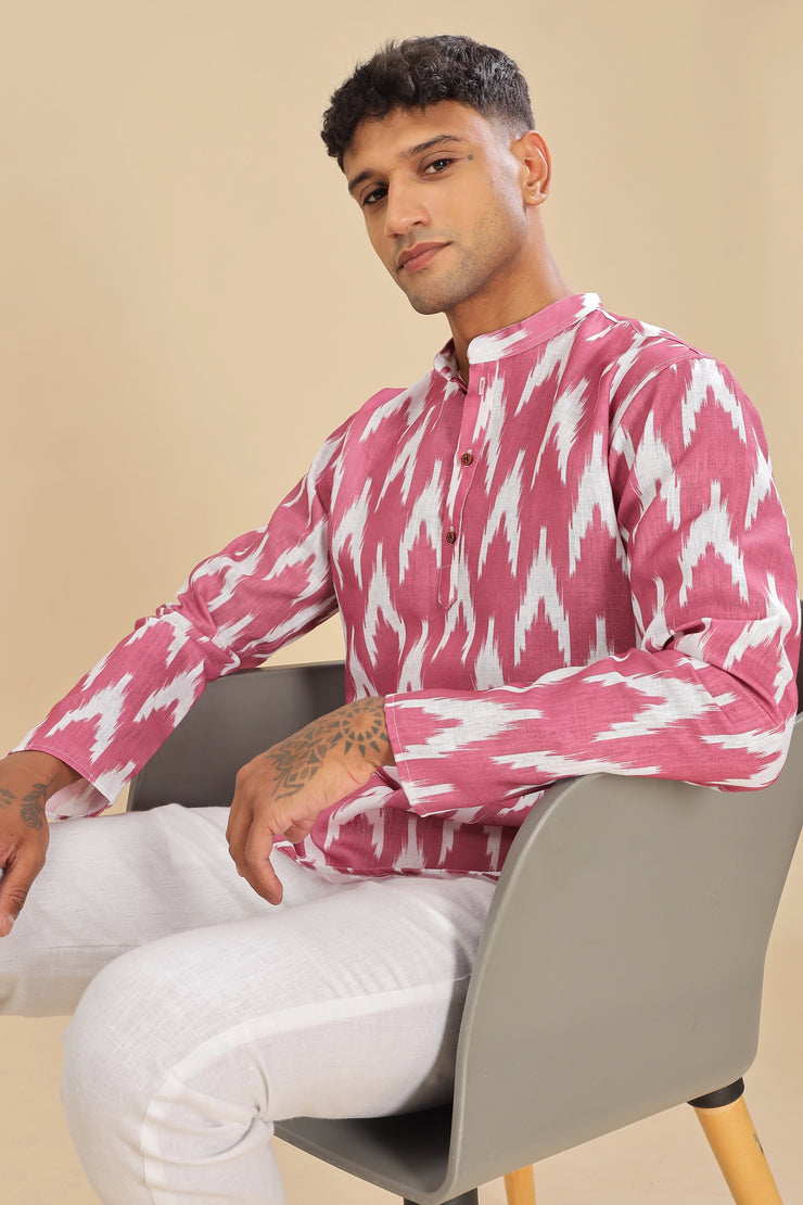 Pink ikat printed linen short kurta