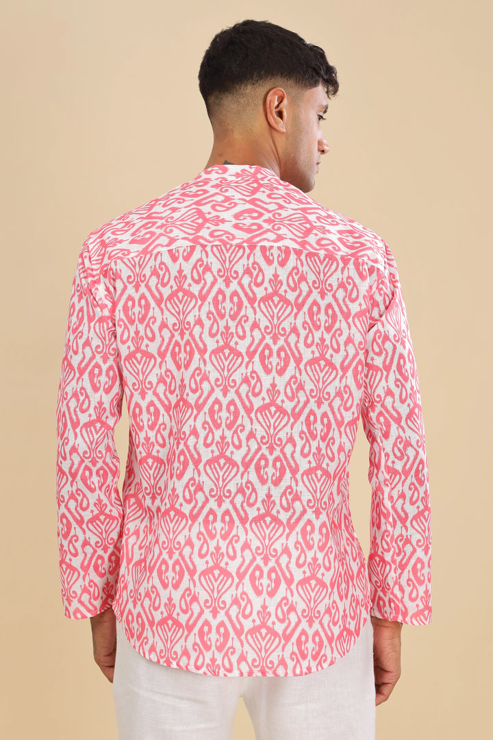 Pink ikat printed linen short kurta