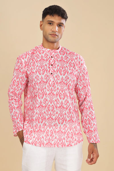 pink ikat printed linen short kurta