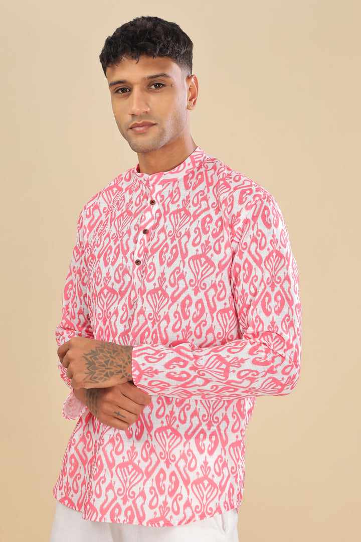 Pink ikat printed linen short kurta