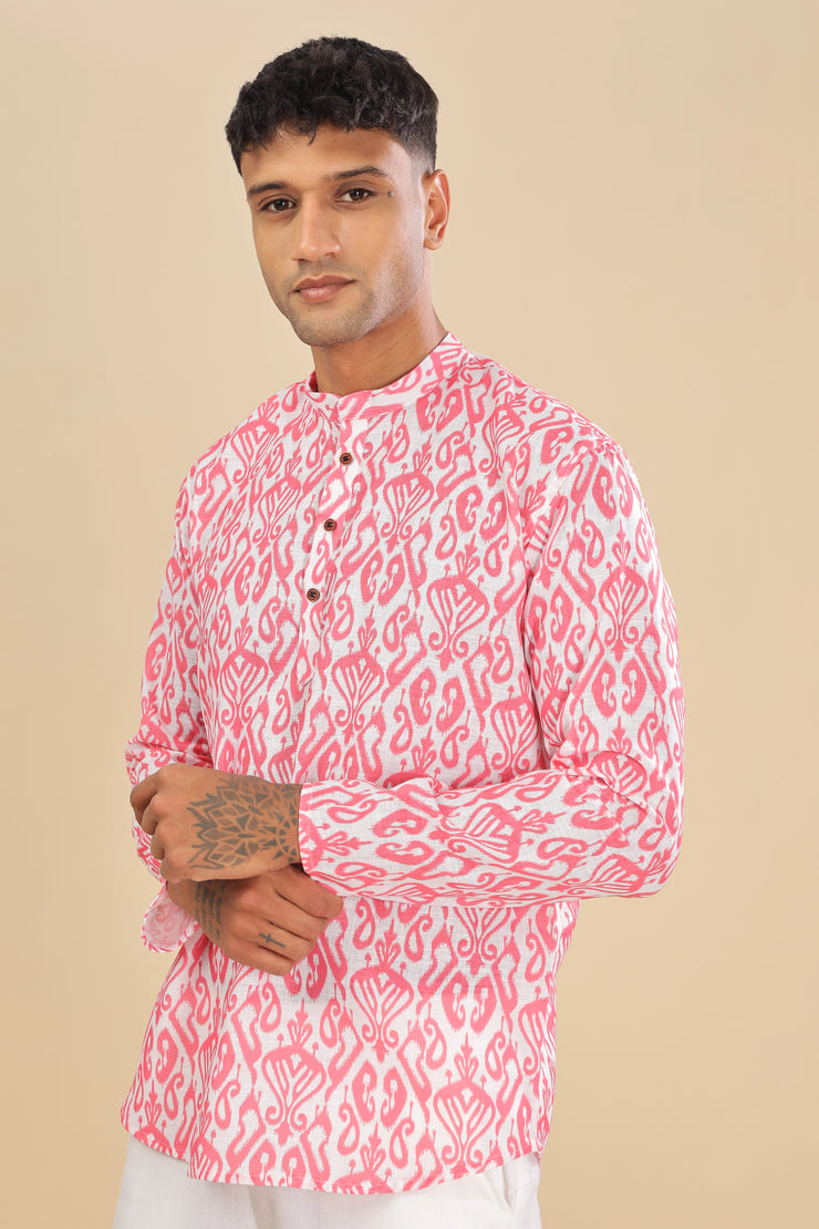 Pink ikat printed linen short kurta