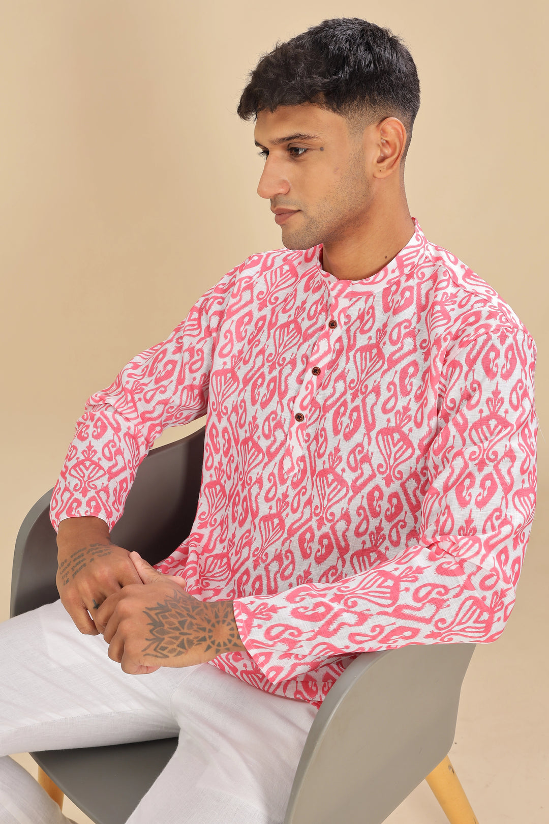 pink printed linen short kurta