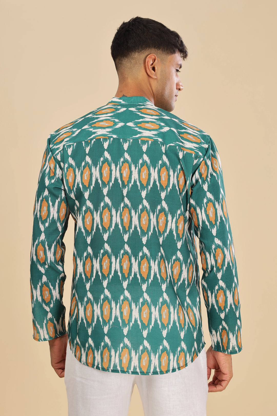 green ikat printed linen short kurta