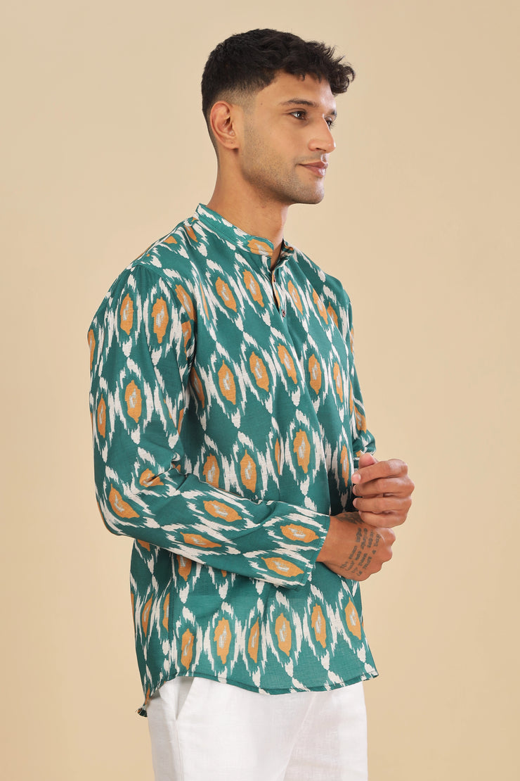 Green ikat printed linen short kurta