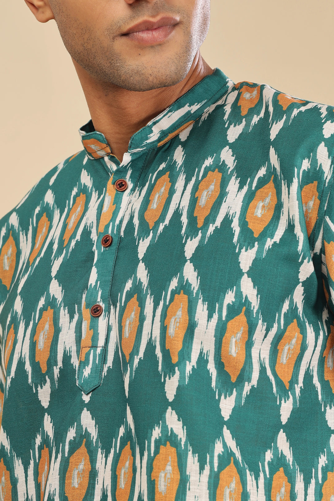 Green ikat printed linen short kurta