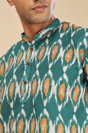 Green ikat printed linen short kurta