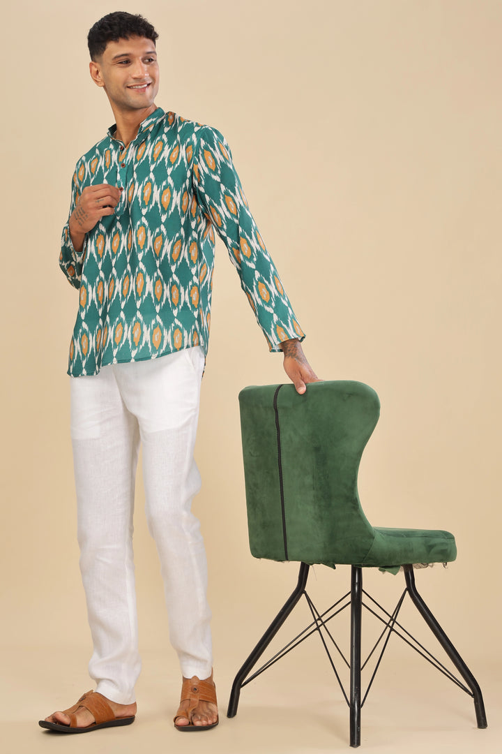 green linen short kurta