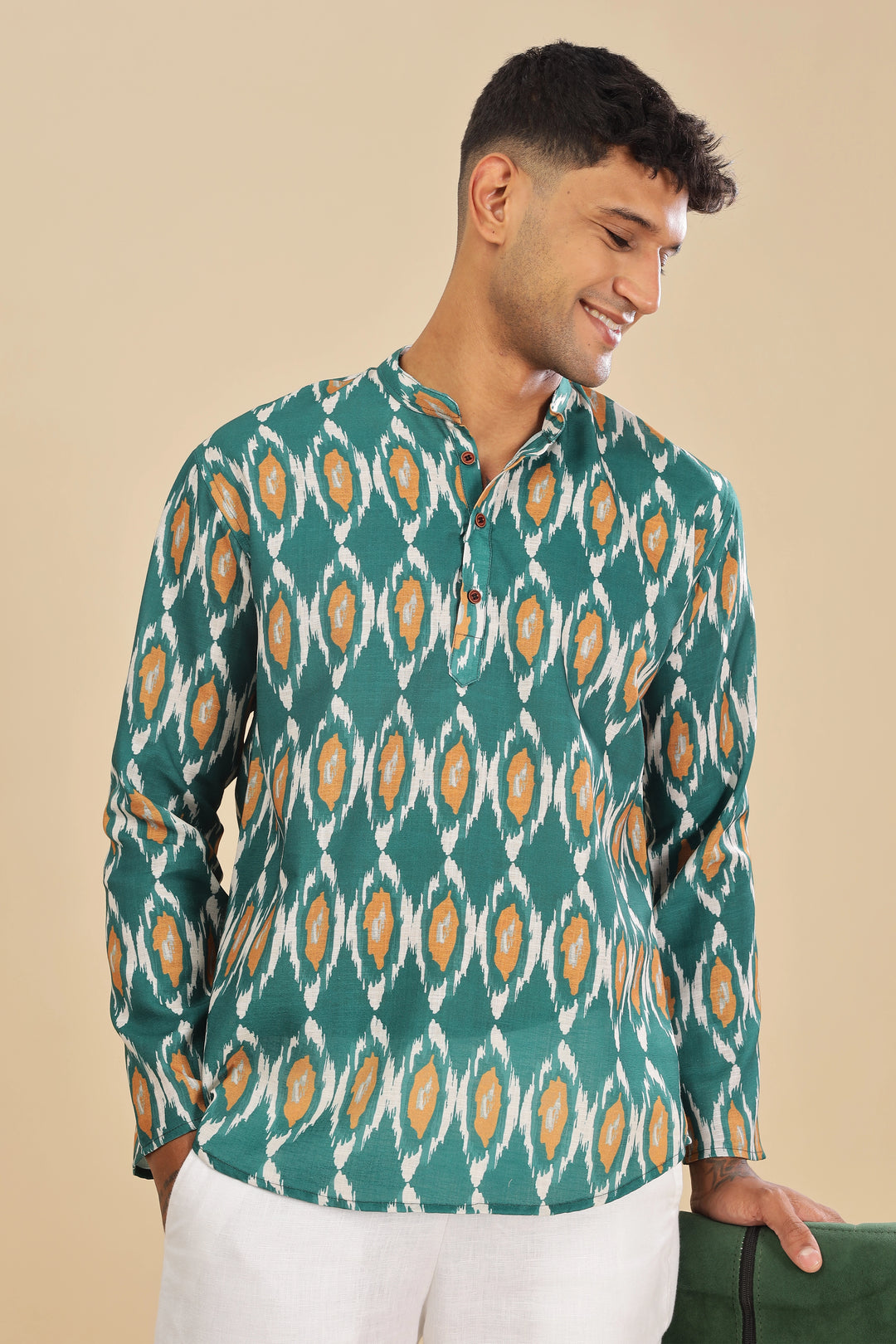 green ikat printed linen short kurta