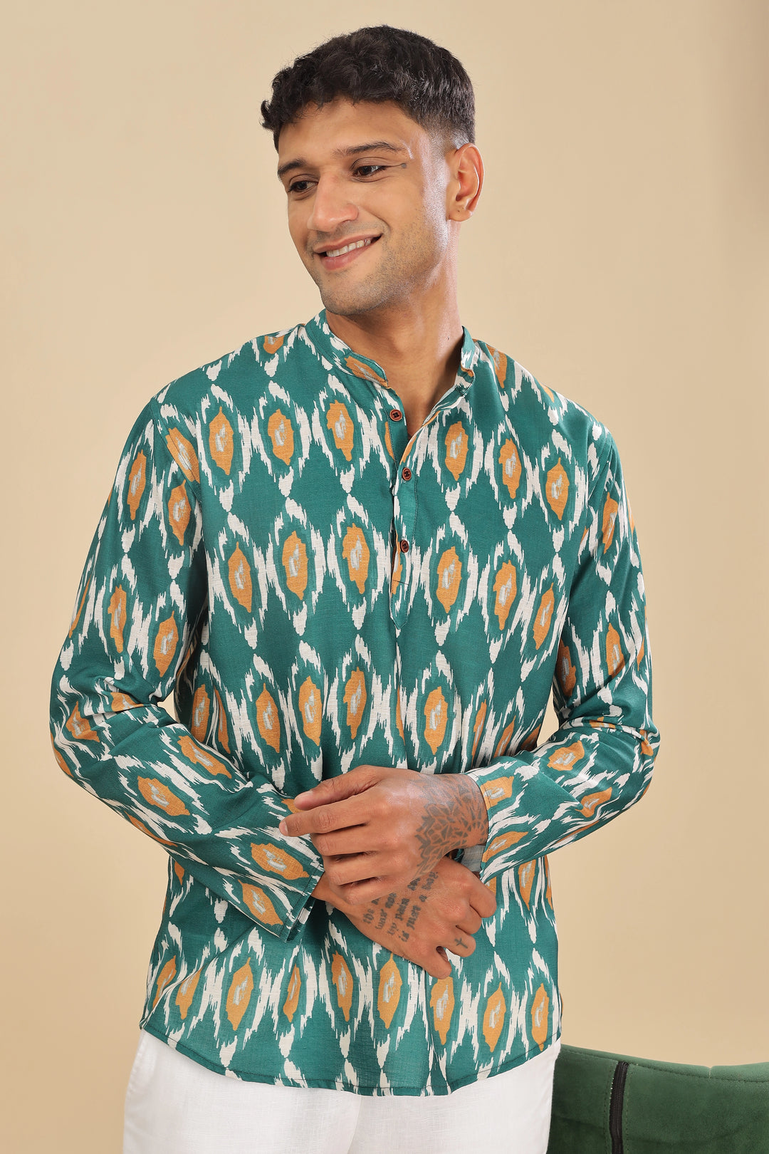 Green ikat printed linen short kurta