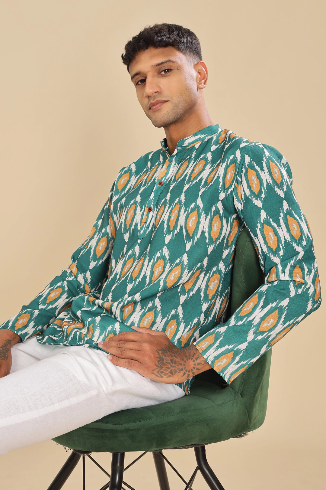 green printed linen short kurta