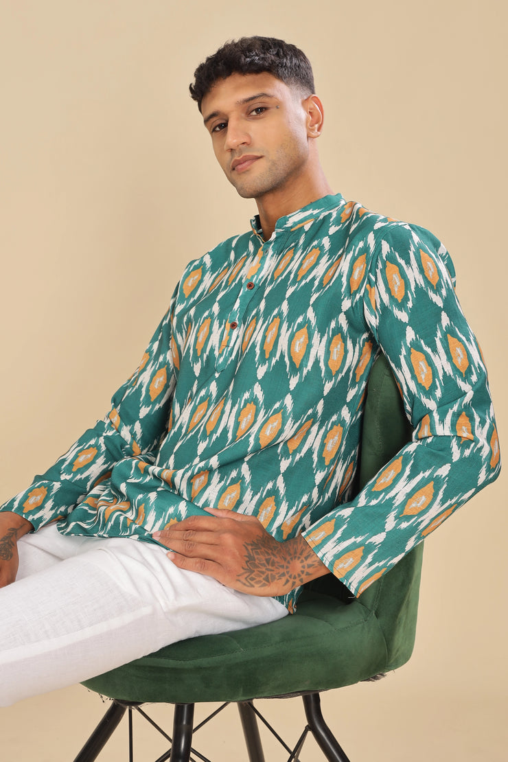 green printed linen short kurta