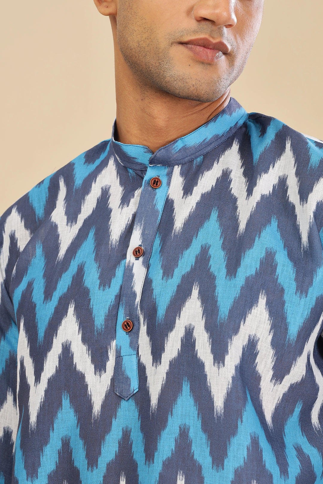 Blue ikat printed linen short kurta