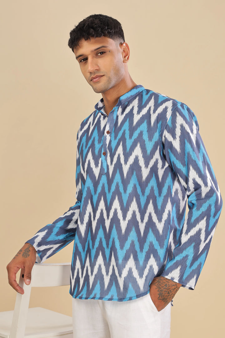 Blue ikat printed linen short kurta