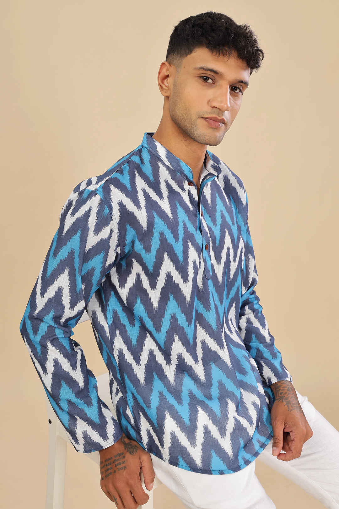 Blue ikat printed linen short kurta